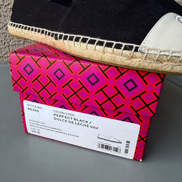 Tory Burch Canvas Black Ivory Color Block Flat Espadrille Size 10.5 Cap Toe - Picture 13 of 14